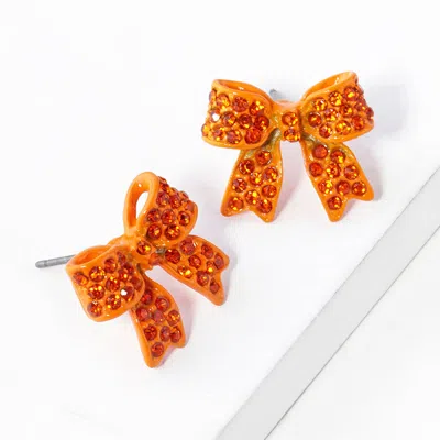 Fashnzfab Pave Bow Stud Earrings In Orange