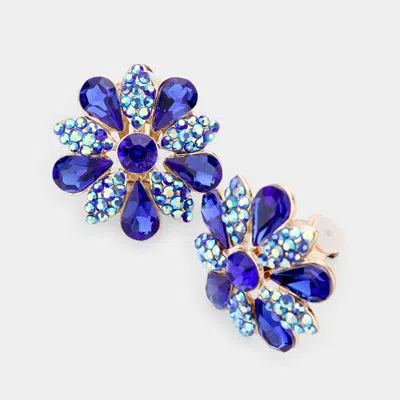 Fashnzfab Pave Crystal Teardrop Floral Evening Clip On Earrings In Blue