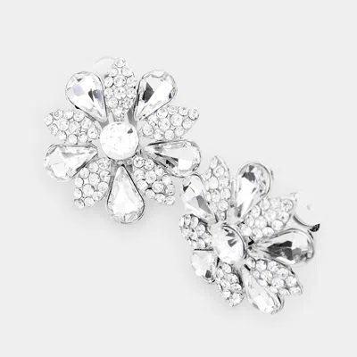 Fashnzfab Pave Crystal Teardrop Floral Evening Clip On Earrings In Silver