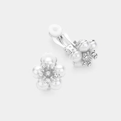 Fashnzfab Pave Rhinestone Flower Pearl Clip On Earrings In Silver