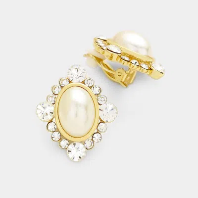 Fashnzfab Pave Rhinestone Oval Pearl Clip On Earrings In Gold