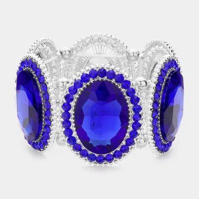 Fashnzfab Pave Trim Crystal Oval Stone Stretch Evening Bracelet Sapphire, Silver In Multi
