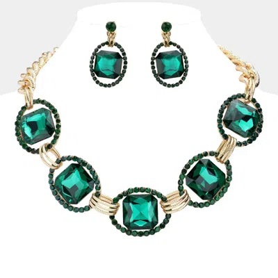 Fashnzfab Pave Trim Glass Crystal Link Necklace In Green