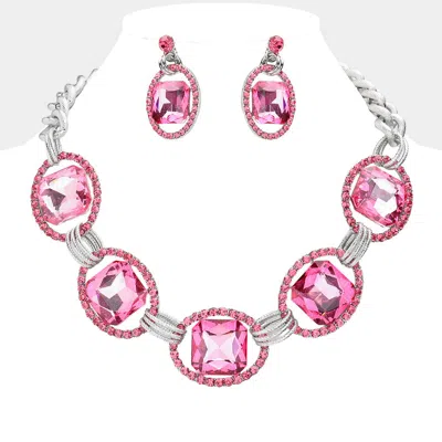 Fashnzfab Pave Trim Glass Crystal Link Necklace - Pink, Rhodium