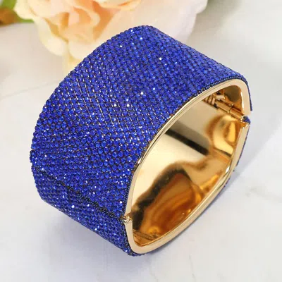 Fashnzfab Paved Hinged Evening Bangle Bracelet 1.25" H, 2.5" D In Blue