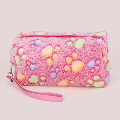 Fashnzfab Paw Patterned Faux Fur Wristlet Pouch Bag In Pink