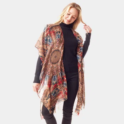 Fashnzfab Peacock Feather Printed Ruana Poncho In Brown