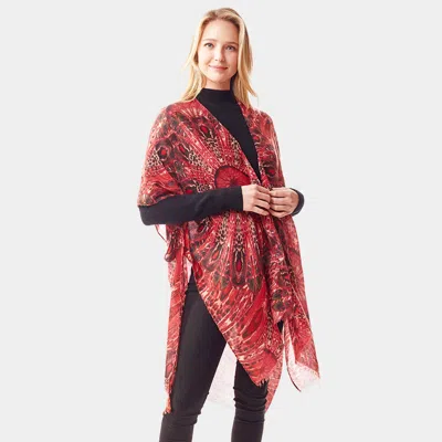 Fashnzfab Peacock Feather Printed Ruana Poncho In Red