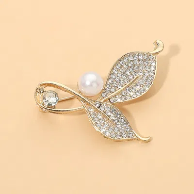 Fashnzfab Pear Accent Rhinestone Pave Leaves Pin Brooch In Gold