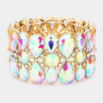 Fashnzfab Pear Crystal Floral Rhinestone Stretch Evening Bracelet Ab, Gold In Multi