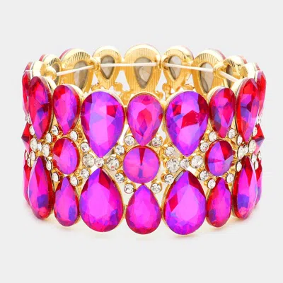 Fashnzfab Pear Crystal Floral Rhinestone Stretch Evening Bracelet Ab, Gold, Purple In Multi