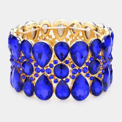 Fashnzfab Pear Crystal Floral Rhinestone Stretch Evening Bracelet Gold, Sapphire In Multi