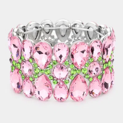 Fashnzfab Pear Crystal Floral Rhinestone Stretch Evening Bracelet Pink & Green, Silver
