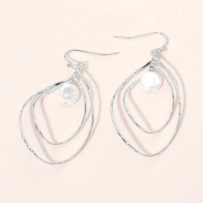 Fashnzfab Pearl Accent Abstract Open Wire Drop Hoop Earrings In Silver