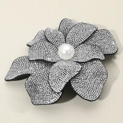 Fashnzfab Pearl Accent Bling Studded Flower Pin Brooch / Alligator Snap Hair Clip In Silver