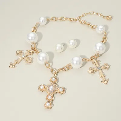Fashnzfab Pearl Accent Bold Cross Charm Station Statement Necklace In Gold