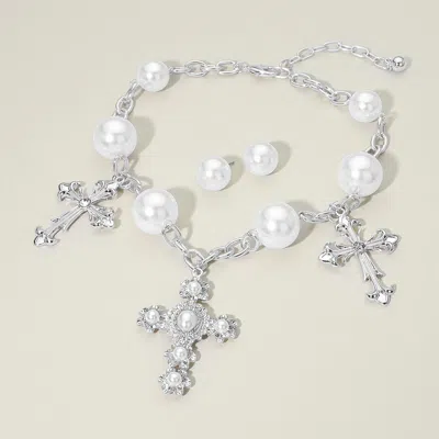 Fashnzfab Pearl Accent Bold Cross Charm Station Statement Necklace In Multi