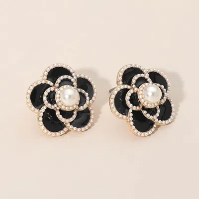 Fashnzfab Pearl Accent Camellia Flower Stud Earrings In Black