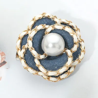Fashnzfab Pearl Accent Chain Trim Denim Camellia Floral Pin Brooch Hair Clip In Multi