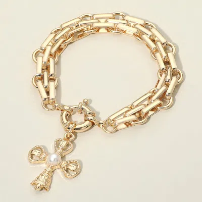 Fashnzfab Pearl Accent Cross Charm Chunky Link Chain Bracelet In Gold