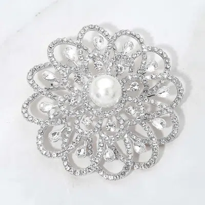 Fashnzfab Pearl Accent Crystal Floral Statement Pin Brooch In Silver