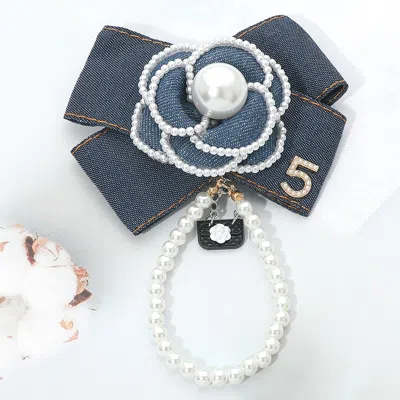 Fashnzfab Pearl Accent Denim Bow Floral Pin Brooch Hair Clip In Multi