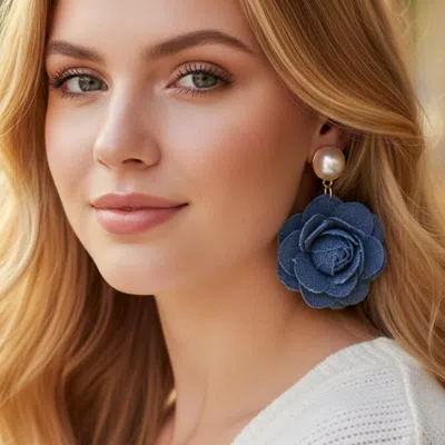 Fashnzfab Pearl Accent Denim Fabric Flower Dangle Earrings - Blue, Cream, Denim