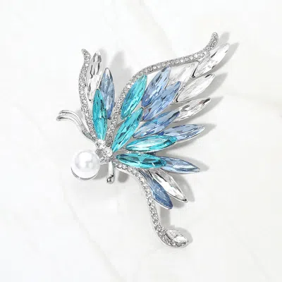 Fashnzfab Pearl Accent Elegant Crystal Butterfly Pin Brooch In Blue