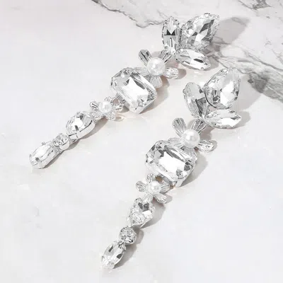 Fashnzfab Pearl Accent Elegant Stone Cluster Drop Evening Earrings - Clear, Silver