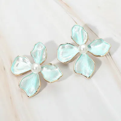 Fashnzfab Pearl Accent Enamel Petal Flower Earrings In Blue