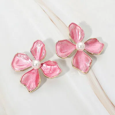 Fashnzfab Pearl Accent Enamel Petal Flower Earrings In Pink