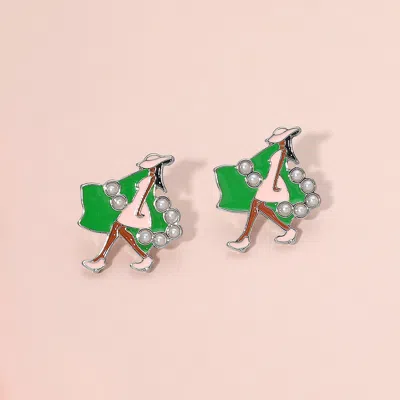 Fashnzfab Pearl Accent Enamel Stylish African Walking Lady Stud Earrings In Green
