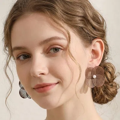 Fashnzfab Pearl Accent Floral Statement Earrings In Brown