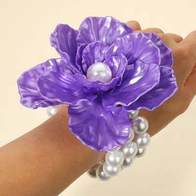 Fashnzfab Pearl Accent Floral Stretch Bracelet Purple, White In Multi