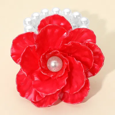Fashnzfab Pearl Accent Floral Stretch Bracelet Red, White