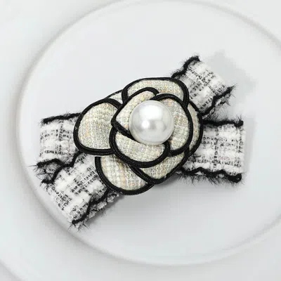 Fashnzfab Pearl Accent Floral Tweed Bow Barrette In White