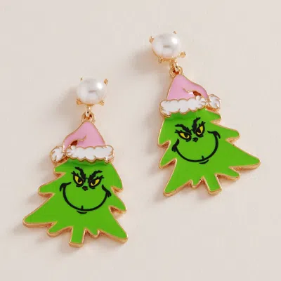 Fashnzfab Pearl Accent Green Monster Santa Christmas Tree Dangle Earrings In Pink