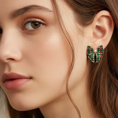 Fashnzfab Pearl Accent Holiday Plaid Bow Stud Earrings In Green