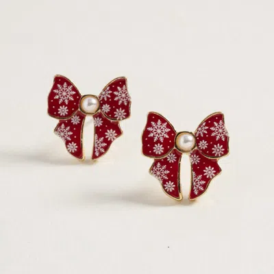 Fashnzfab Pearl Accent Holiday Plaid Bow Stud Earrings In Metallic
