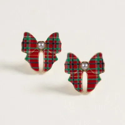 Fashnzfab Pearl Accent Holiday Plaid Bow Stud Earrings In Red