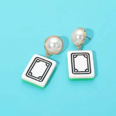 Fashnzfab Pearl Accent Mahjong Tile Drop Earrings 0.8" X 1.8" In Gold