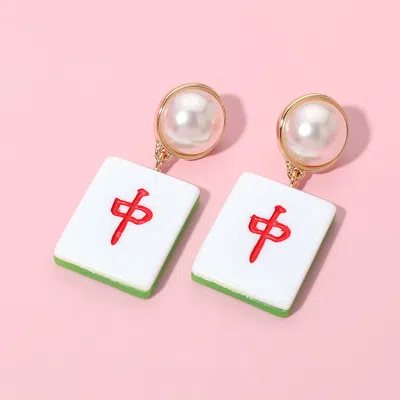 Fashnzfab Pearl Accent Mahjong Tile Drop Earrings In Gold