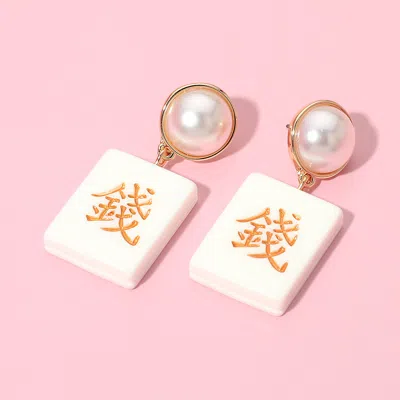 Fashnzfab Pearl Accent Mahjong Tile Drop Earrings In Silver