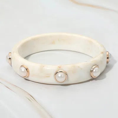 Fashnzfab Pearl Accent Marbled Resin Bangle Bracelet In White