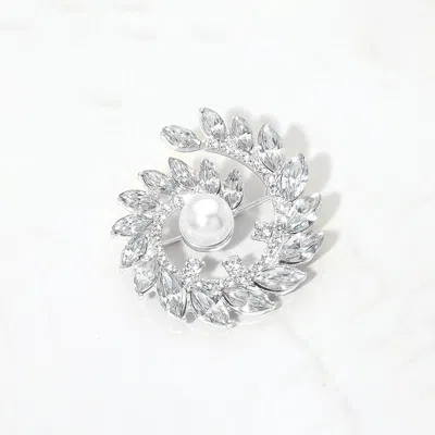 Fashnzfab Pearl Accent Marquise Stone Cluster Around Wreath Pin Brooch In Silver