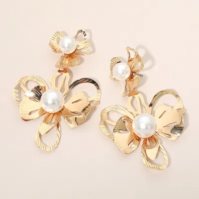 Fashnzfab Pearl Accent Open Petal Double Floral Link Drop Statement Earrings In Silver