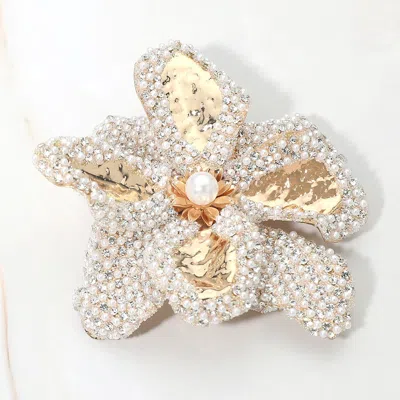 Fashnzfab Pearl Accent Rhinestone Pave Floral Pin Brooch Alligator Snap Hair Clip In Multi