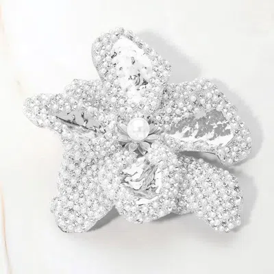 Fashnzfab Pearl Accent Rhinestone Pave Floral Pin Brooch Alligator Snap Hair Clip In Silver