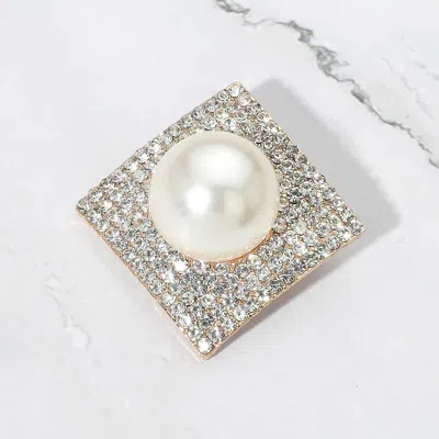 Fashnzfab Pearl Accent Rhinestone Pave Pin Brooch In White