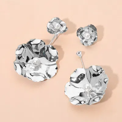 Fashnzfab Pearl Accent Sculpted Floral Petal Drop Earrings In Silver